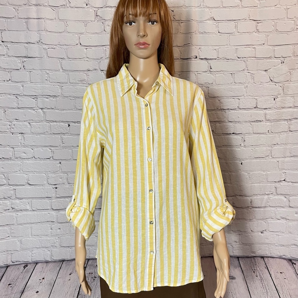 NWT New Sigrid Olsen Linen Blend Long Sleeve Yellow White Stripe Shirt Size M